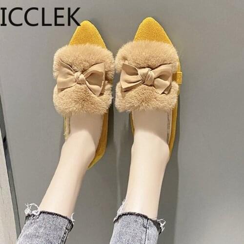 Women Comfort Shoes Fashion Shoes Plush Rabbit Fur Loafers Women Pointed Flats Vintage Shoes 2020 Women Zapatillas Mujer