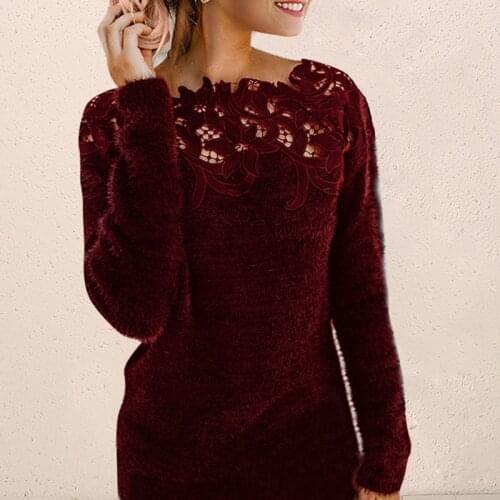 Womens Autumn Winter Long-sleeved Lace Sweater Solid O-neck Sexy Knitted Sweater Women Large Size Pullovers