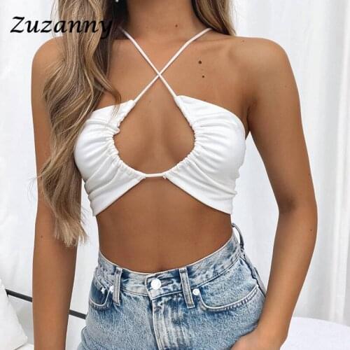 Zuzanny Summer V Neck Hollow Out Sexy Crop Tops Women Black White Cross Bandage Backless Cami Sexy 2021 Halter Party Club Tops