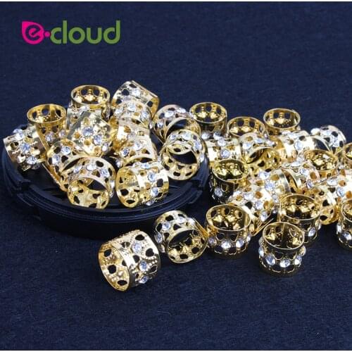50pcs/lot Golden Metal Tube Dreadlock Hair Beads Links for Braiding Hair Adjustable Braid Cuff Clips with Diamonds Hair Tools