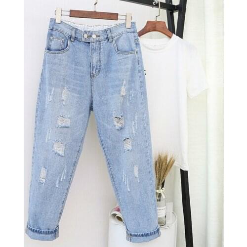 Boyfriend Jeans For Women Loose Vintage Ripp Hole Blue Harem Denim Pants Womens High Waist Jeans Pants Female Plus Size