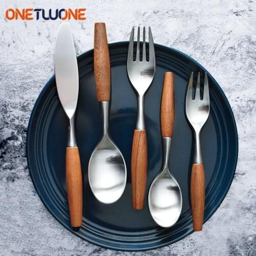 Stainless Steel Cutlery Set Wooden Handle Dinnerware Set Tableware Dinnerware Forks Knives Spoons