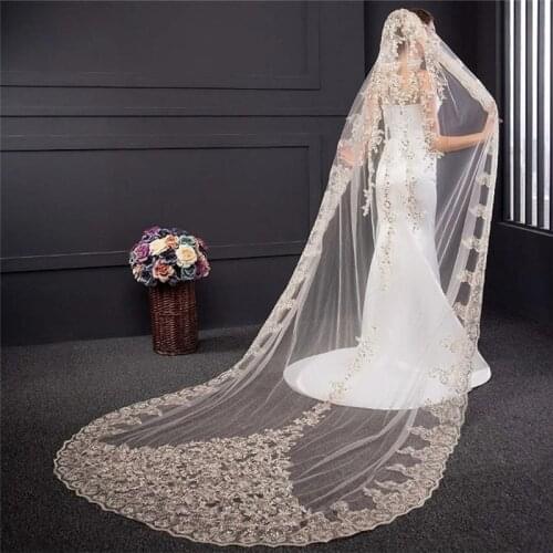 Sequins Lace Edge Champagne Bridal Wedding Veils Tulle With Comb Cathedral Ivory White Long Veils for Brides Luxury Sparking New