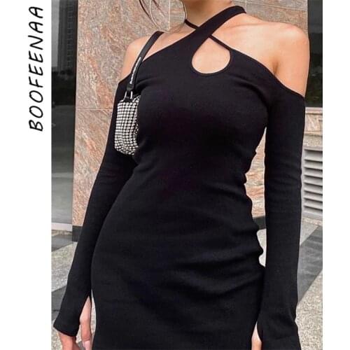 BOOFEENAA Sexy Black Bodycon Mini Dress 2021 Trend Fashion Women Irregular Cross Hollow Off Shoulder Long Sleeve Dress C33-CZ19