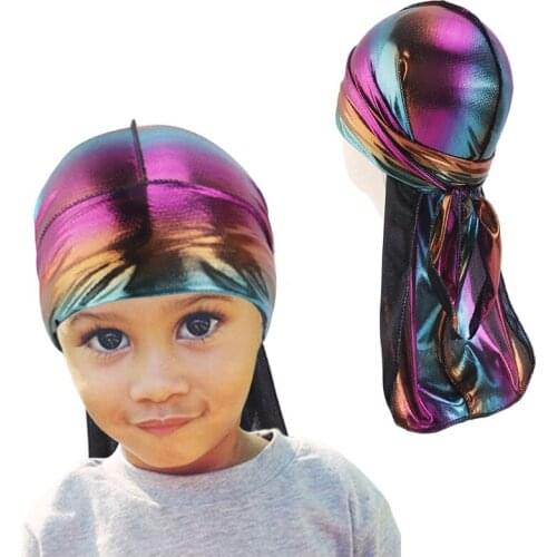 Kids Colorful Sparkly Durags Turban Bandanas baby Shiny Silky Durag Headwear Headband Hair Cover Accessories Wave Caps Rags Hat