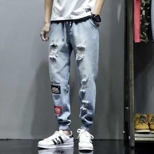 Summer New Men Ankle-Length Denim Pants Loose Lightweight Male Jeans Fashion Casual Man Drawstring Jeans
