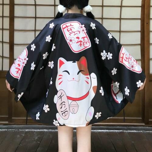 Harajuku Cardigan Japanese Kimono Fashion Asia Summer Black White Lucky Cat Loose Girls Blouse Tops Casual Woman Kimonos Cosplay
