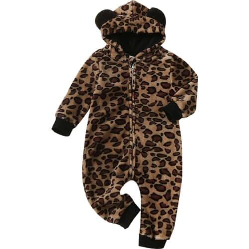 Newborn Leopard Print Jumpsuit, Baby Girls Casual Long Sleeve Hooded Zipper Romper 0-24M