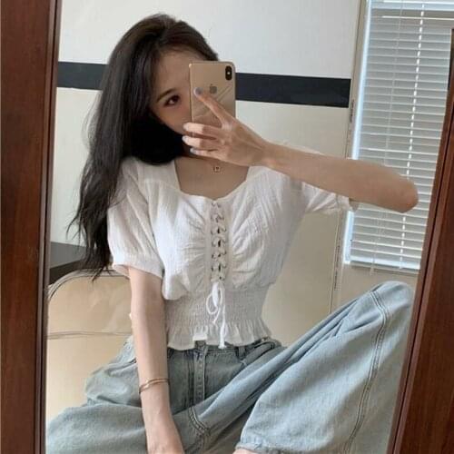 Korean Girls Kawaii Lace-up Shirts Summer Women Blouses and Crop Tops Square Collar White Puff Sleeve Sweet T-shirt Blusas Mujer