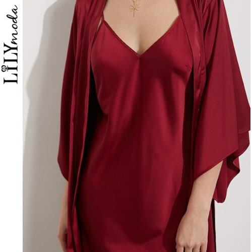 Lilymoda 2019 summer 2PCS Sexy Satin Night Robe Bathrobe Perfect Wedding Bride Bridesmaid Robes Dressing Gown for Women