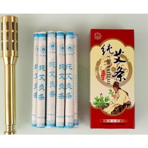 Copper moxibustion rod moxibustion box portable barrel tank with 10 pcs moxa stick moxibustion massage tools