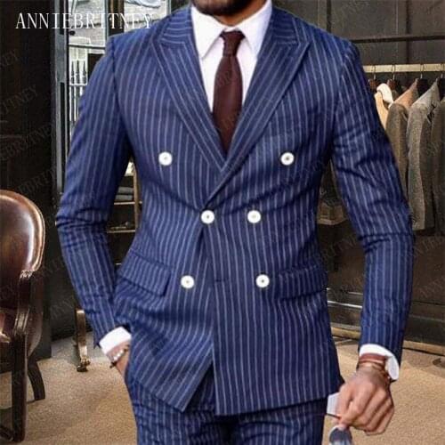 ANNIEBRITNEY Men Suit 2019 Mens Fashion Stripe Blazer Pants Set Slim Fit Groomsmen Wedding Suit Custom Made Mens Suits Tuxedo