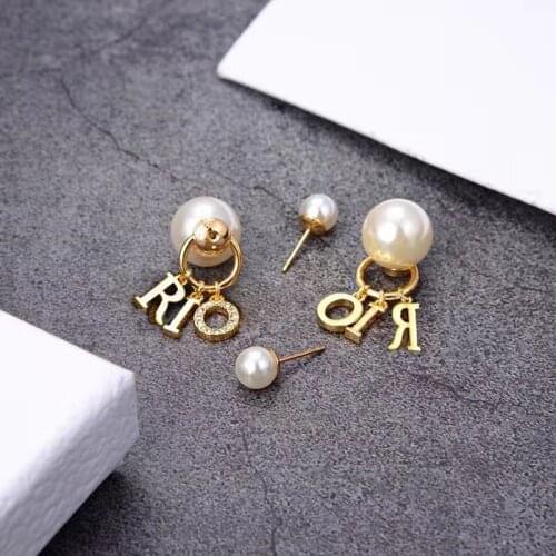Letter Tassel Front and Back Pearl Stud Earrings Vintage Brass 925 Silver Needle Earrings