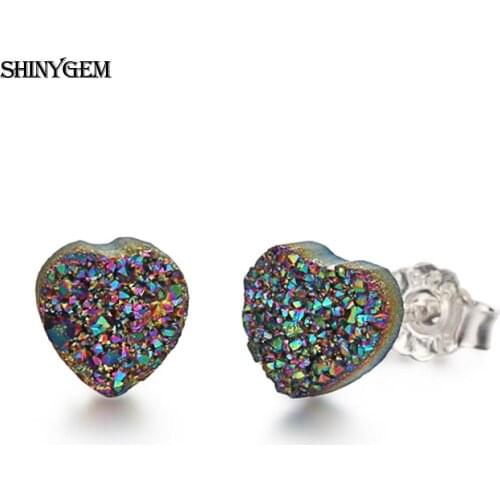 ShinyGem Fashion 6mm Heart Shape Natural Crystal Druzy Stud Earrings Small Sparkling Gem Stone Earrings For Women Jewelry Gifts