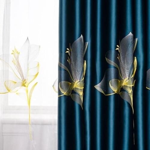 Royal Satin Impression Lily Embroidered Curtains for Living Room Bedroom Study High Shading High-end Nordic Curtain Tulle Custom