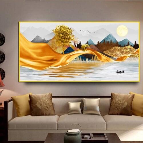 Nordic Gold elks Green Ribbon Mountains Canvas Painting Wall Art Posters Prints Wall Picture for Living Room Home Cuadros Decor