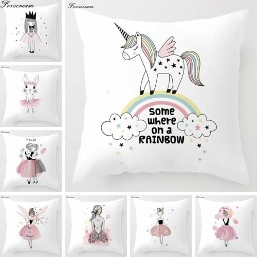 Nordic Style Pink Girls Cushion Covers Kids Decoration Mermaid Rabbit Flamingo Print cushion cover 45x45