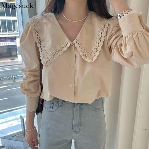 Sweet Lapel Korean Loose Shirt Tops Spring Hollow Out Lace Blouse Women Fashion V-neck Long Sleeve Women Shirts New Blusas 16094