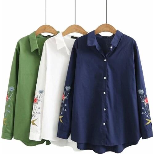 Plus Size Long-Sleeved Shirt In SSpring And Autumn For Women 4XL Cotton And Linen Fabric Embroidery Flowers Tops Large Size Shir