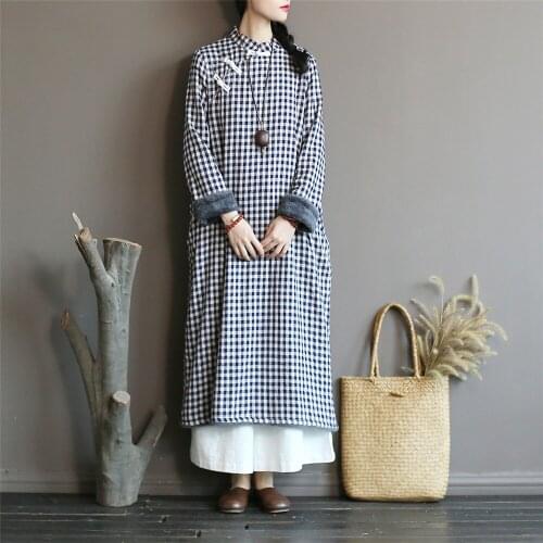 Johnature Women Plaid Vintage Dresses Stand Long Sleeve Robes Fleece Women Cloths 2020 Autumn Winter New Cotton Linen Dresses