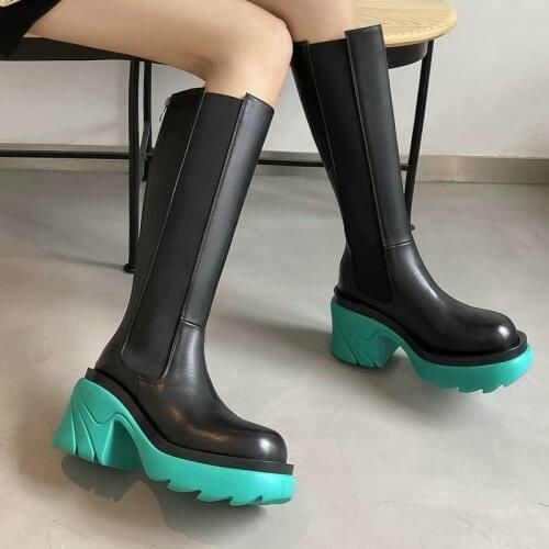 2021 Ladies Spring Autumn Leather Round Toe Knee Length Knight Boots Winter Fashion Zipper High Heel Womens Knee Boots