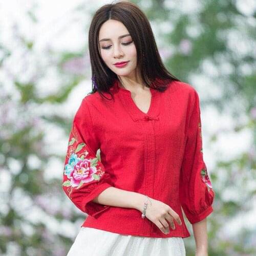 Chinese Style Spring Summer Causal Women Vintage V Neck Embroidery Linen Top Blouse , Female Womens 4xl Blouses and Tops
