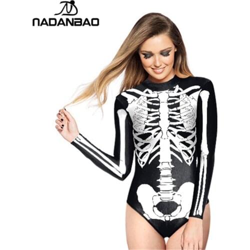 2021 One Piece Swimsuit Loog Sleeve Zippered Surfing Bathing Suit White Skull Printed Swimwear Women Maillot De Bain Y02023