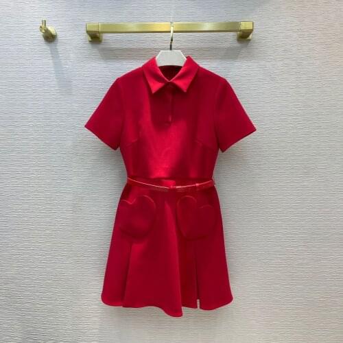 Runway Designers Dress Women 2021 Autumn Elegant Red Heart Pocket Mini Party Dresses Femme Short Sleeve Vestidos De Fiesta