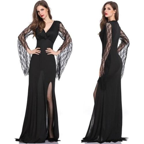 Women Sexy Slim Lace Sleeve Medieval Black Long Dress Adult Vampire Evil Cosplay Outfit Halloween Fantasia Party Fancy Dress