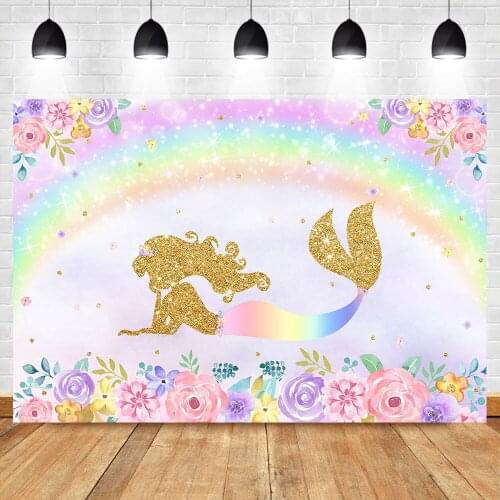 Gold Mermaid Backgdrop Seabed Princess Rainbown Photo Background Mermaid Newborn Baby Shower Party Dessert Table Decorations