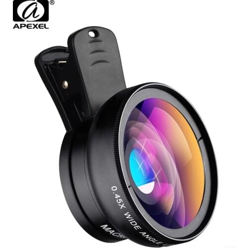APEXEL 5pcs/lot 2 in 1 Camera Lens Kit 0.45X Super Wide Angle 12.5X Macro Lens Cellhone Lens for iPhone Samsung Xiaomi phones