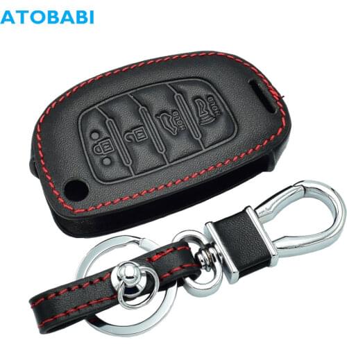 Real Leather Car Key Case For Hyundai Sonata / Santa Fe / Tuscon 4 Button Folding Remote Fob Cover Keychain Holder Protector Bag