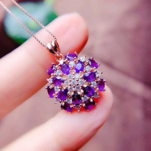 Flower Amethyst Pendant Natural Real Amethyst necklace Solid S925 Sterling Silver For Women Colour Gem Stone Fine Jewelry