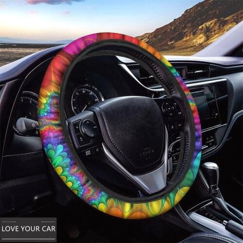 INSTANTARTS Stylish Bohemian Flower Tie-dye Prints Steering Wheel Cover Set for Women Summer Breathable Car Steering Wheel Cover