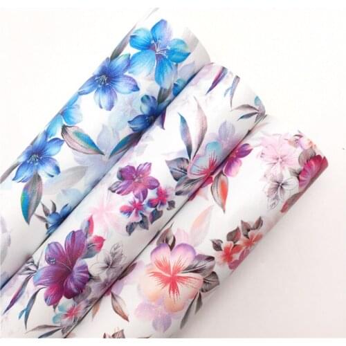 LEOsyntheticoDIY Pink Blue Flowers Printed Synthetic Faux Leather Fabric Sheets Vinyl Fabric For DIY Bows 21X29CM R145