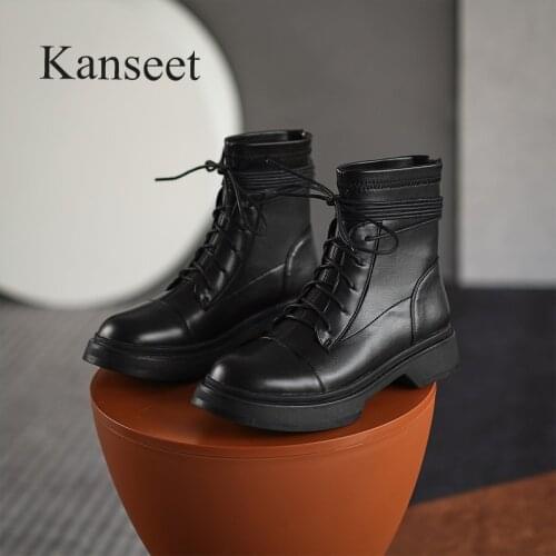 Kanseet 2021 Winter Round Toe Shoes Ankle Boots Women Black Beige Round Toe Chunky Heels Stretch Short Boots Zipper Plus Size 41