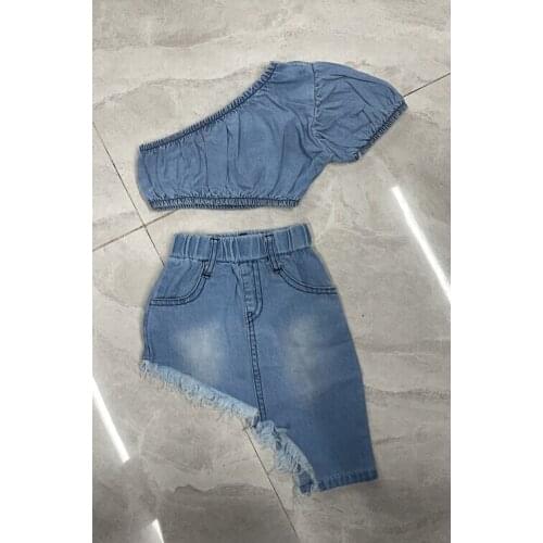 Girls Denim Clothes Set Solid Color Short Sleeve Off-shoulder Cropped Tops + Irregular Hem Skirt