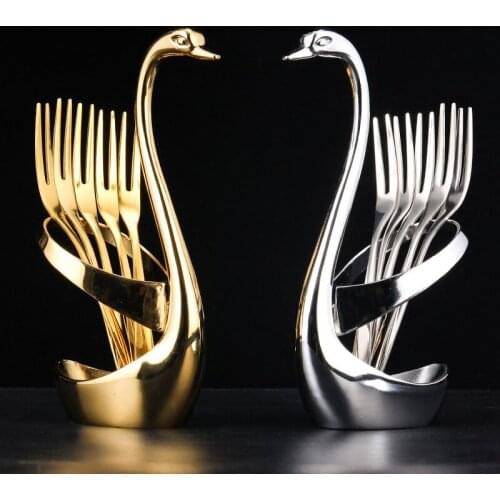 Creative Swan Fruit Spoon Fork Holder Cygnus Base Stainless Steel Salad Dessert Cake Forks Coffee Spoon Storage Tableware Holder