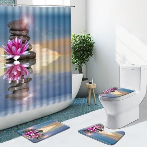 Lotus Zen Stone River Shower Curtain Non-Slip Rugs Flannel Bath Mat Toilet Cover Bathroom Set Indoor Decor With Hooks Washable