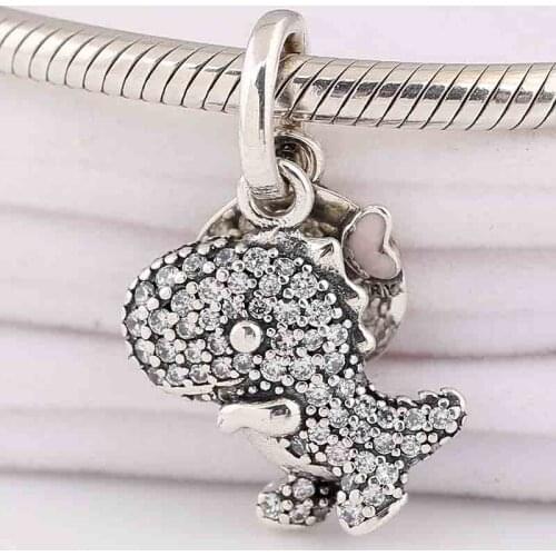 Original Pave Dinosaur With Pink Enamel Butterfly Pendant Bead Fit 925 Sterling Silver Charm Bracelet Bangle Diy Jewelry