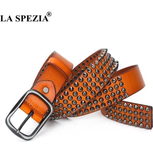 LA SPEZIA Pin Buckle Belt Men Real Cow Leather Rivet Male Belt For Jeans Orange Genuine Leather Punk Designer High Quality Belts