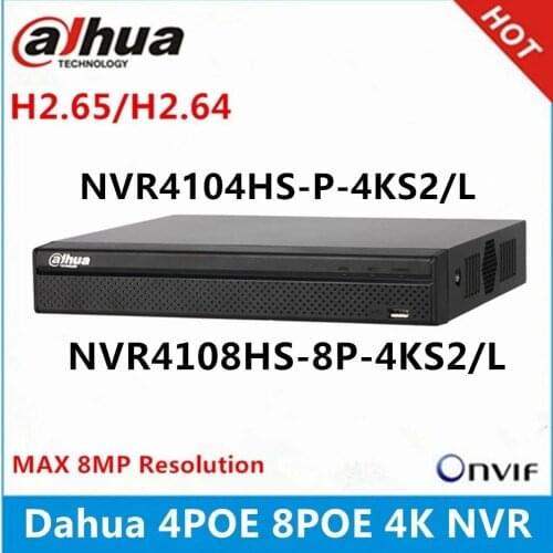 Dahua NVR4104HS-P-4KS2 4CH with 4 POE NVR4108HS-8P-4KS2 8ch with 8PoE ports Max 8MP Resolution 4K H.265 Network Video Recorder