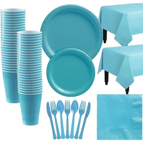 Pure Blue Plastic Decorations Wedding Party Decors Disposable Tableware Kit Cups Plates Napkin Kids Birthday Party Supplies