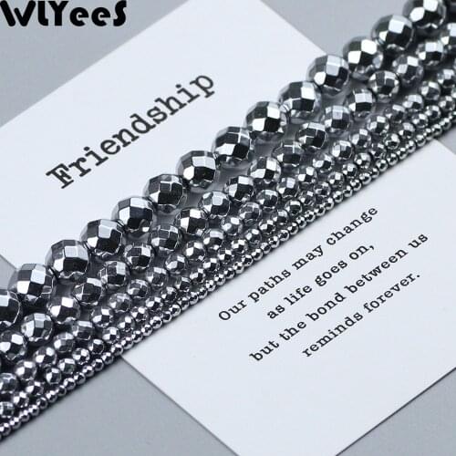 WLYeeS Plating Silver faceted Hematite beads Natural Stone 2 3 4 6 8 10mm Round Ball Loose Beads for Jewelry Bracelet Making DIY
