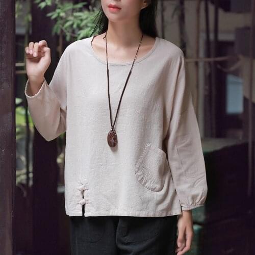 Women Autumn Loose Casual Cotton Linen Solid Color Tee Shirts Tees Tops Patchwork Long Sleeve Round Neck Tees