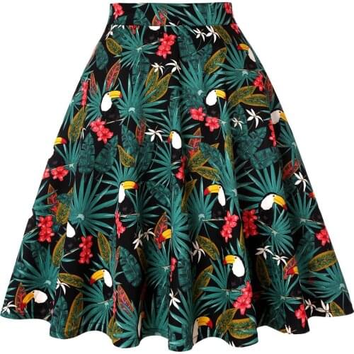 50s Plus size ladies swing skirt vintage toucan palm flower print school jupe femme womens skirts VD0020
