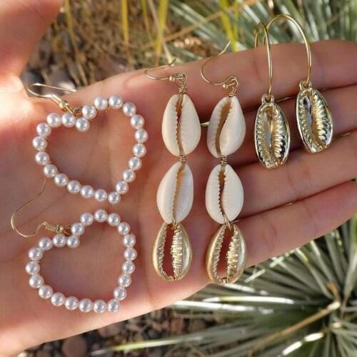 Hot Sale Elegant Golden Beach Shell Starfish Pearl Pearl Earrings Pendant Female Beach Boho Earring Set Gift Summer Jewelry