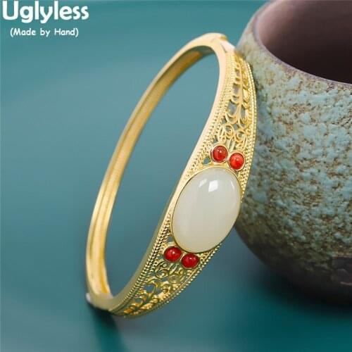 Uglyless Natural Jade Agate Bangles for Women Hollow Floral Ethnic Open Bangles Vintage 925 Silver Gold Fashion Jewelry Gemstone