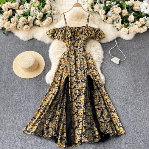 Spring 2021 New Temperament Fashion Floral Vestidos Feminine Strapless Slim Slimming Midi Dress with Ruffles C548