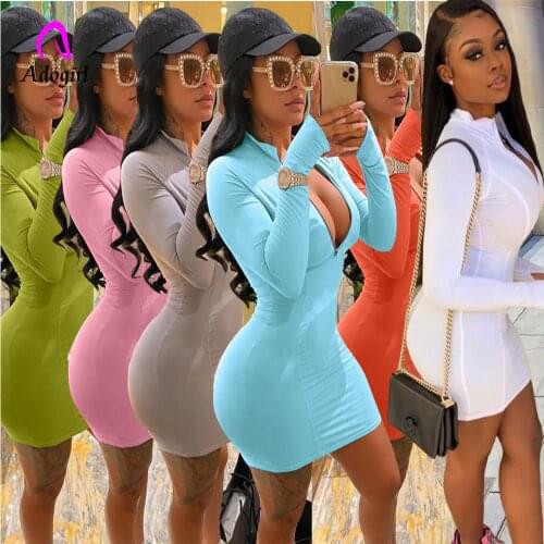 Women Zipper Up Long Sleeve Sport Mini Bodycon Midi Dress Sexy Party Bandage Classic Fashion Dresses Vestidos